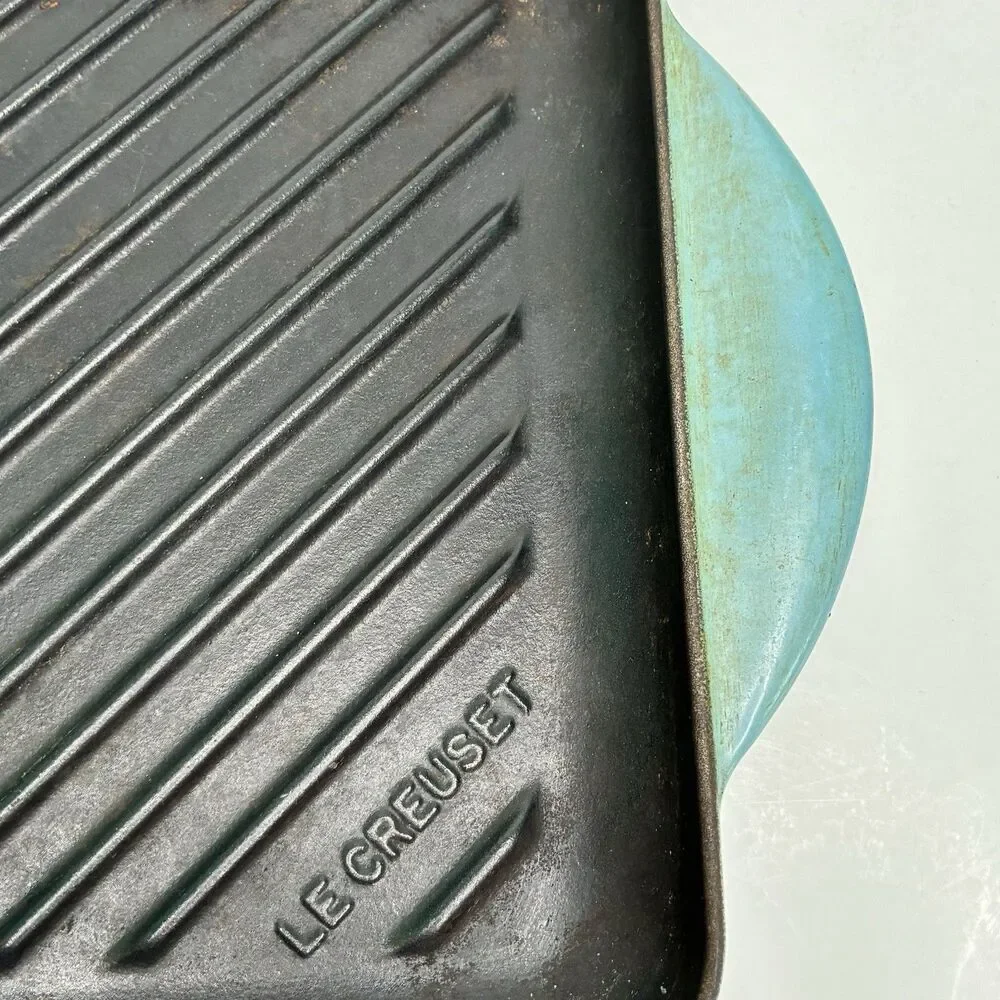 Le Creuset Blue Enameled Square Handle Cast Iron Grill Griddle Pan #24 Pre-owned